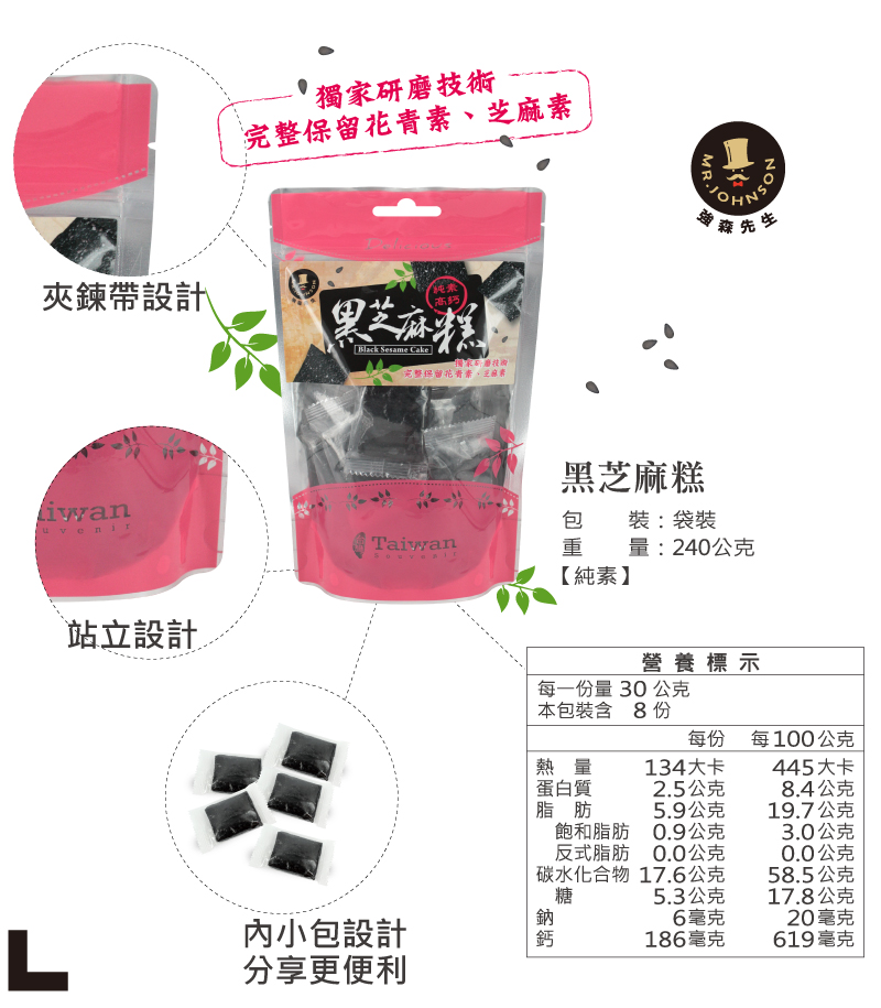 黑芝麻裡的營養元素很高,最重要的是芝麻素,
這小小的芝麻素富含蛋白質、鈣、鐵、維生素、膳食纖維等營養元素,
是珍貴的高密度營養食品